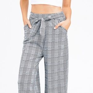 Hounds-tooth knit high waisted trouser wide leg
